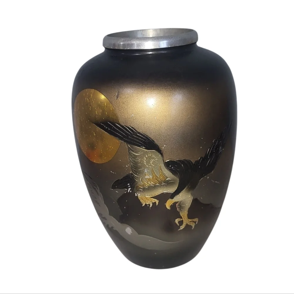 Vintage Japanese Damascene Vase with Eagle and Moon Motif
